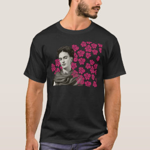 Frida Kahlo print, farbige Blume, schwarz und weiß T-Shirt