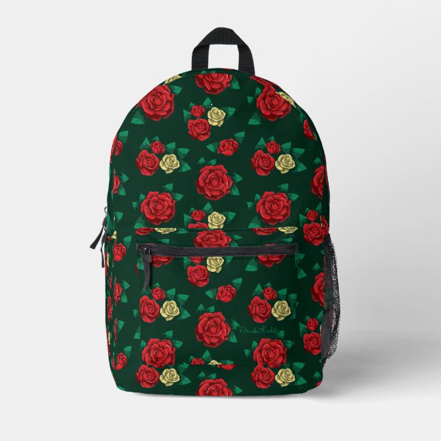 Frida Kahlo | Red and Gold Rose Pattern Bedruckter Rucksack (Vorderseite)