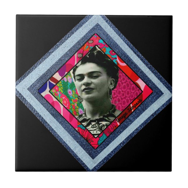 Frida Kahlo Retro Denim Diamond Fliese (Vorderseite)