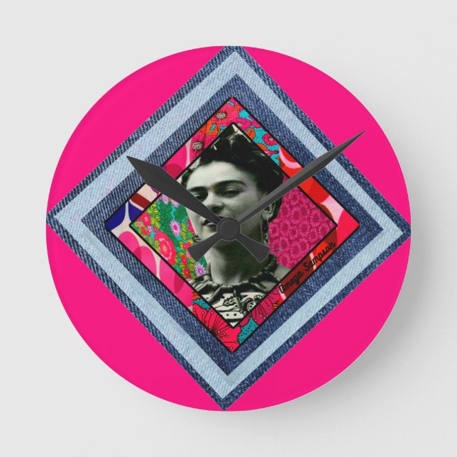 Frida Kahlo Retro Denim Diamond Runde Wanduhr (Vorderseite)