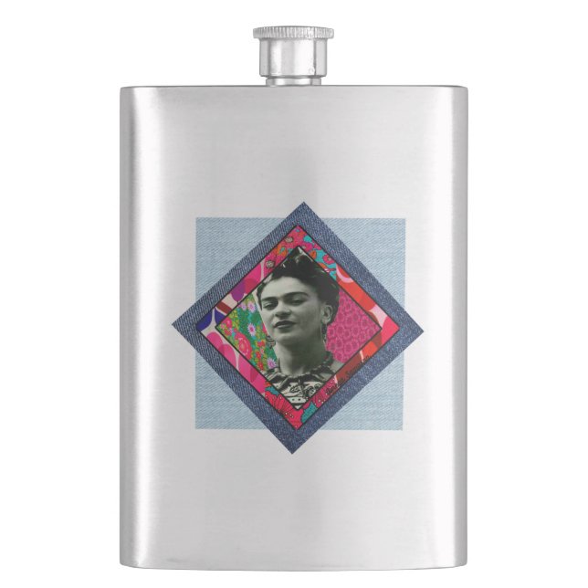 Frida Kahlo Retro Pink Denim Flachmann (Vorderseite)