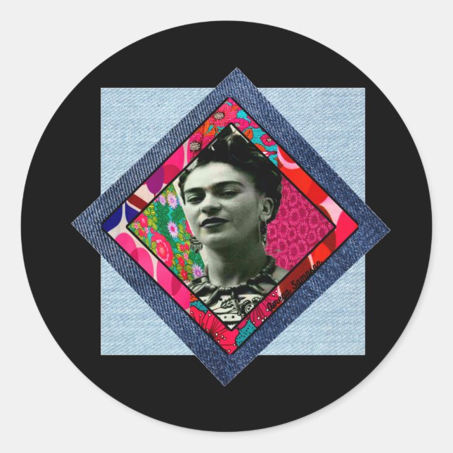 Frida Kahlo Retro Pink Denim Runder Aufkleber (Vorderseite)