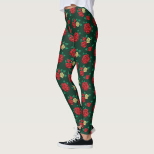 Frida Kahlo   Rotes und GoldRosen-Muster Leggings