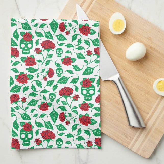 Frida Kahlo | Schädel u. Rosen Geschirrtuch (Viertel Falte)