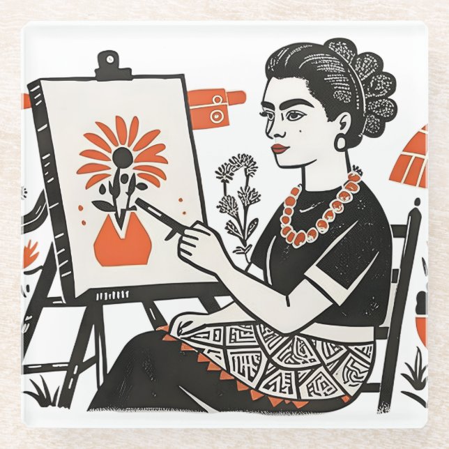Frida Kahlo sitzend Gemälde Blumendesign Stil Glasuntersetzer (Vorderseite)