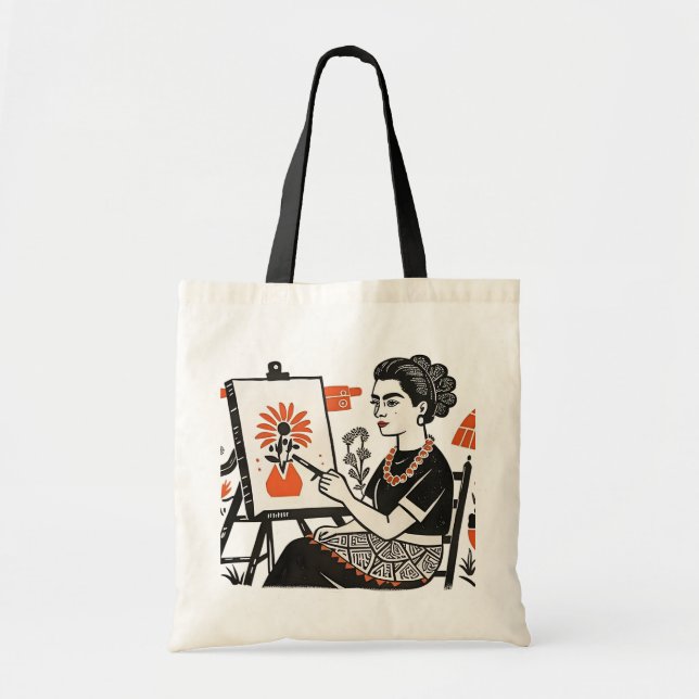 Frida Kahlo sitzend Gemälde Blumendesign Stil Tragetasche (Vorne)