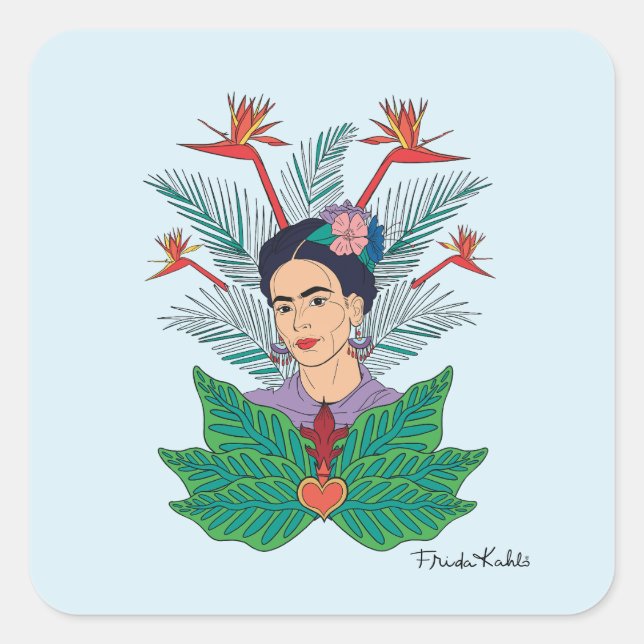 Frida Kahlo | Vögel von Paradies, florale Grafik Quadratischer Aufkleber (Vorderseite)