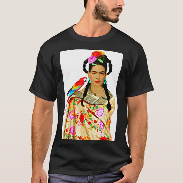 Frida mit farbenfroher Schüssel und Parrot Classic T-Shirt (Vorderseite)