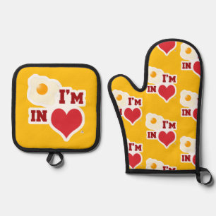 Fried Egg Ich bin in der Liebe Cooles Herz Logo Mu Ofenhandschuh & Topflappen-Set