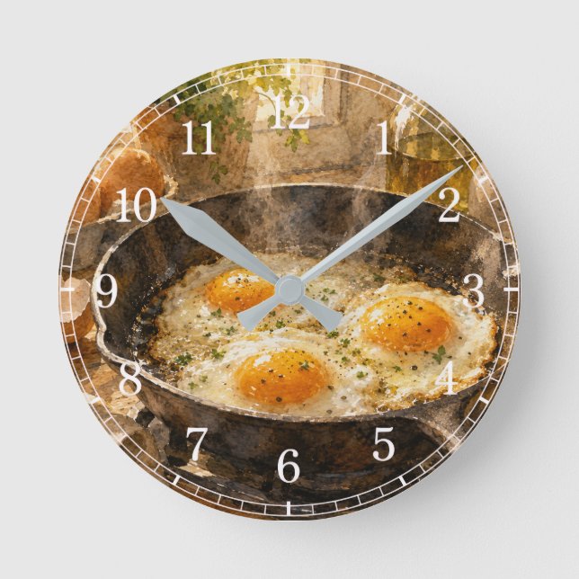 Fried Eggs in a Pan Wall Clock — Fun Kitchen Desig Runde Wanduhr (Vorderseite)