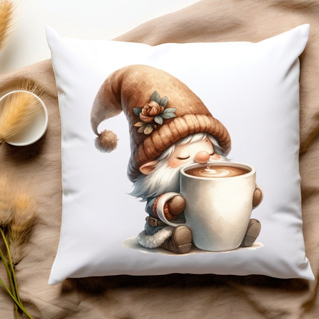 "Friede, Liebe, Kaffee" Glücklicher Kaffee trinken Kissen (Happy gnome drinking coffee pillow)