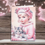 Friede sei mit dir und deinen | Weihnachten Karte<br><div class="desc">Hübsche Weihnachtskarte mit Aquarellfarbe. Adorable kleine Vintage Mädchen in Wintermütze mit rosa Blume mit einem kleinen,  grau gestreiften Kätzchen.</div>