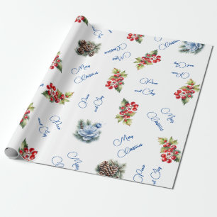 Frieden & Freude Frohe Weihnachten Rote Beeren auf Geschenkpapier