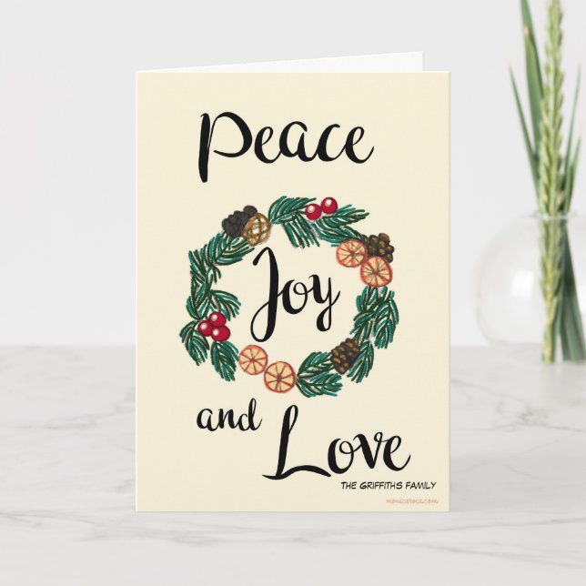 Frieden, Freude und Liebe. Personalisierbar Feiertagskarte (Vorderseite)