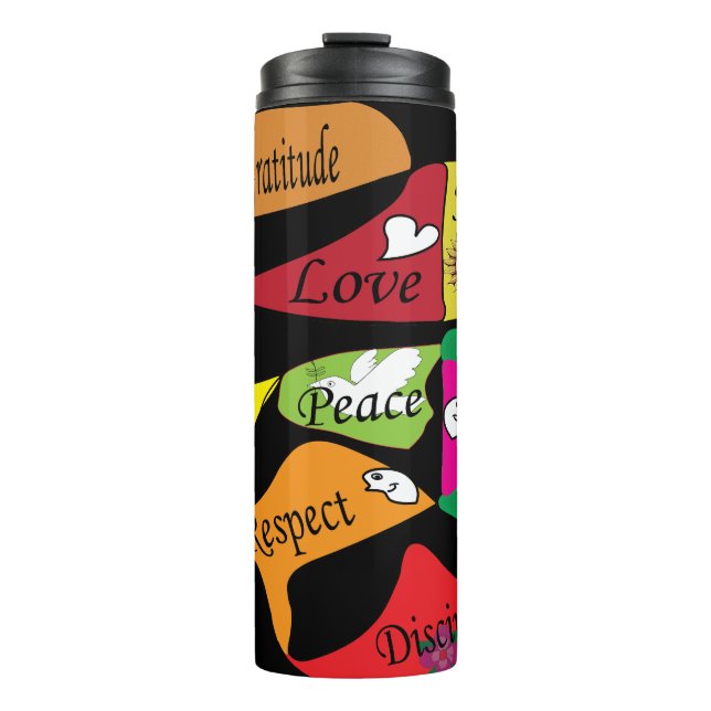 Frieden, Freude und Liebe Thermosbecher (Vorderseite)