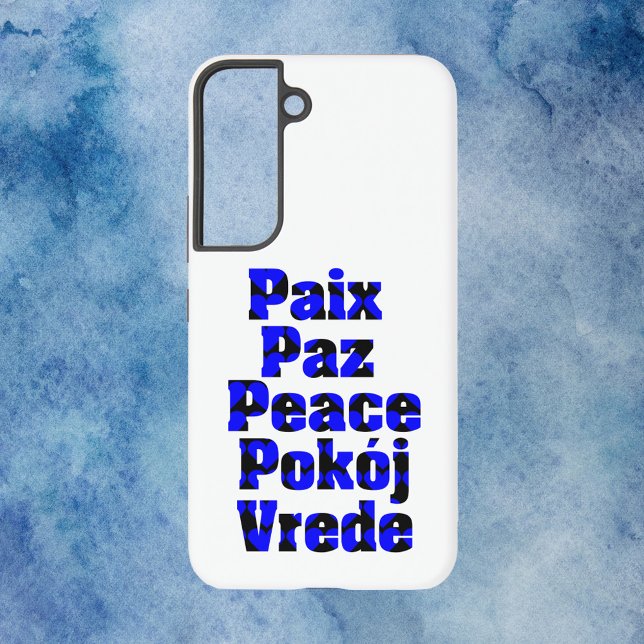 Frieden in ausländischen Sprachen Herz Blue Black Samsung Galaxy Hülle (A phone case that says peace in different languages with blue and black hearts.)