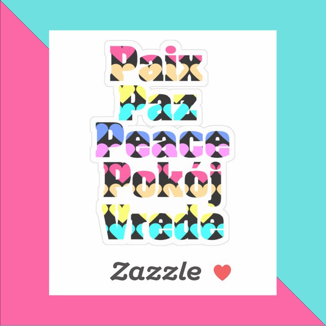 Frieden in den Fremdsprachen Aufkleber (A sticker that says peace with a colorful heart pattern)