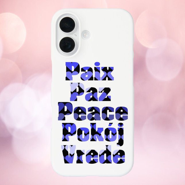 Frieden in Fremdsprachen Blaue Herzen Case-Mate iPhone Hülle (A phone case that says peace with blue hearts in a variety of languages.)