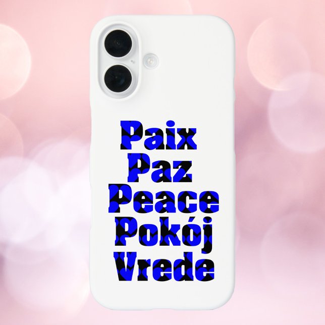 Frieden in verschiedenen Sprachen Herz Blau Schwar Case-Mate iPhone Hülle (A cell phone case that says peace in many different languages with a pattern of blue hearts.)