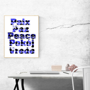 Frieden in vielen Sprachen Blaue Herzen Poster
