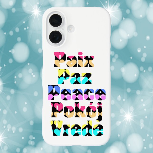 Frieden in vielen Sprachen - ein leuchtendes Herz Case-Mate iPhone Hülle (A phone case that says peace in different languages with a heart pattern)
