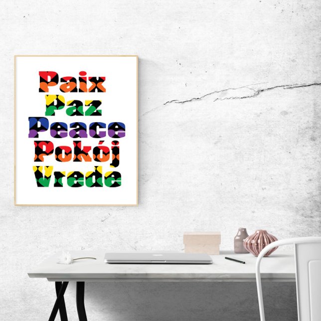 Frieden in vielen Sprachen Rainbow Hearts Poster (A poster that says peace in many languages)