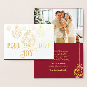 Frieden Liebe Freude Gold Ornamente Weihnachtsfoto Folienkarte