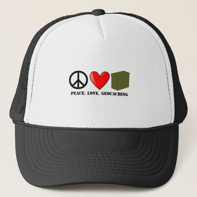 Frieden, Liebe, Geocaching Truckerkappe (Vorderseite)