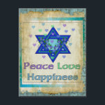 Frieden Liebe Glück Postkarte<br><div class="desc">Hearts,  Star of David und die Worte "Peace Liebe Happiness" sind eine schöne Art,  Happy Hanukkah zu sagen.</div>