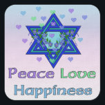 Frieden Liebe Glück Quadratischer Aufkleber<br><div class="desc">Hearts,  Star of David und die Worte "Peace Liebe Happiness" sind eine schöne Art,  Happy Hanukkah zu sagen.</div>