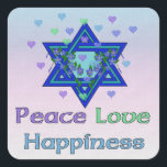 Frieden Liebe Glück Quadratischer Aufkleber<br><div class="desc">Hearts,  Star of David und die Worte "Peace Liebe Happiness" sind eine schöne Art,  Happy Hanukkah zu sagen.</div>