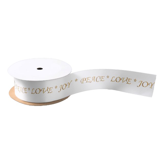 Frieden, Liebe, Joy Gold Letters on White Satinband (Spule)