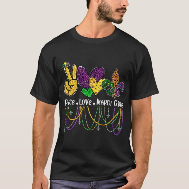 Frieden Liebe Mardi Gras Perlen T-Shirt (Vorderseite)