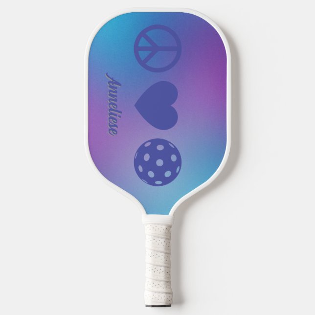 "Frieden, Liebe, Pickleball" Personalisiertes Lila Pickleball Schläger (Vorderseite)