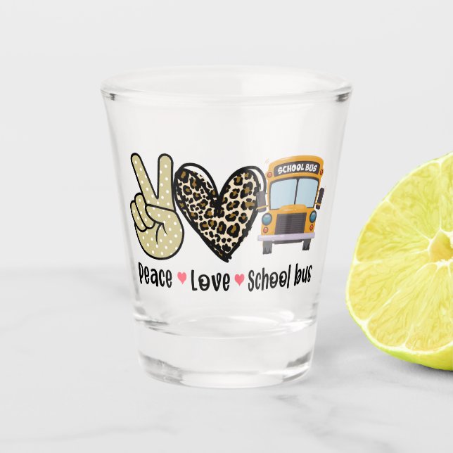 Frieden, Liebe, Schulbus Schnapsglas (Vorderseite)