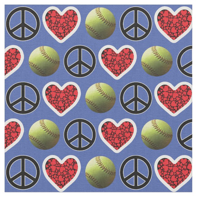 Frieden, Liebe, Softball on Blue Design Stoff (Nahaufnahme)