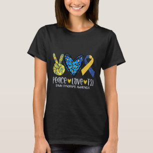 Frieden Liebe T21 Blau Gelbes Band Down-Syndrom Aw T-Shirt
