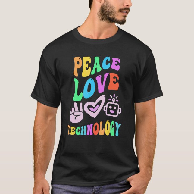 FRIEDEN LIEBE TECHNIK Retro-Computer-Lehrer Groov T-Shirt (Vorderseite)
