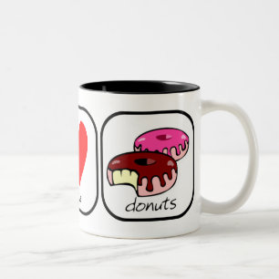 Frieden, Liebe und Donuts Zweifarbige Tasse