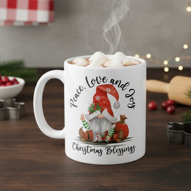 Frieden, Liebe und Freude, Niedlicher Gnome Weihna Kaffeetasse (Peace, Love & Joy, Cute Gnome Christmas Blessings Coffee Mug)