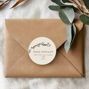 Frieden Liebe und Freude rote Beeren Grünpflanzen Runder Aufkleber