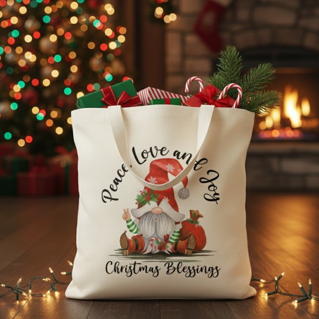 Frieden, Liebe und Freude Weihnachten Gnome Segnun Tragetasche (Peace, Love & Joy Christmas Gnome Blessings Tote Bag)