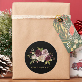 Frieden Liebe und Freude Winterstrauß schwarzer Fe Runder Aufkleber