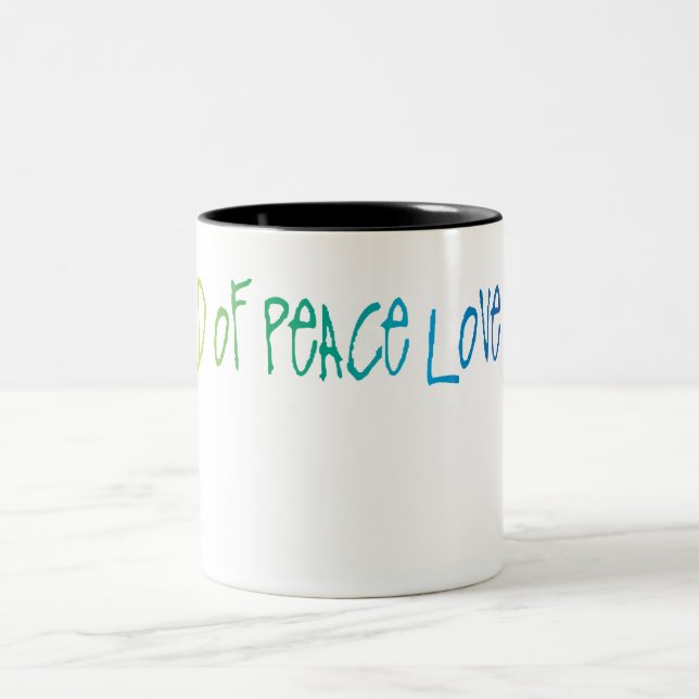 Frieden, Liebe und Freude Zweifarbige Tasse (Mittel)