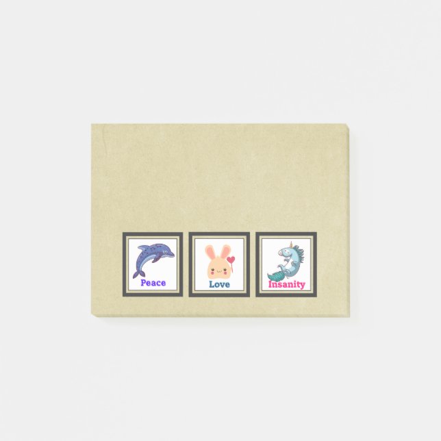 Frieden Liebe Wahnsinn mit Dolphin Bunny Unicorn Post-it Klebezettel (Vorderseite)