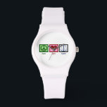 Frieden und Liebe Armbanduhr<br><div class="desc">Ein niedliches Geschenk für Anwälte,  Anwälte,  Richter oder Juristen. Ein Friedenszeichen,  Herz und die Waage der Gerechtigkeit. Ein gutes Jurastudium für jemanden,  der gerade die Bar bestanden hat!</div>