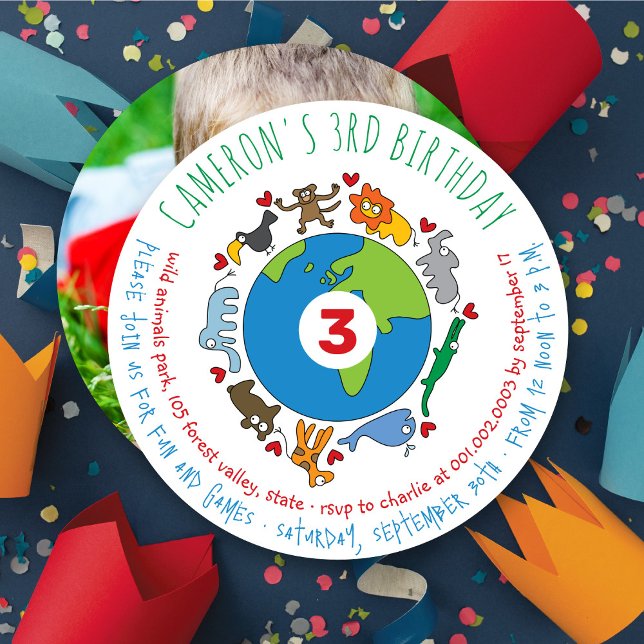 Frieden und Liebe Niedliche Cartoon Tiere der Welt Einladung (Peace And Love Cute Cartoon Animals of The World, Photo Kid's Birthday Party Invitation @ fat_fa_tin)