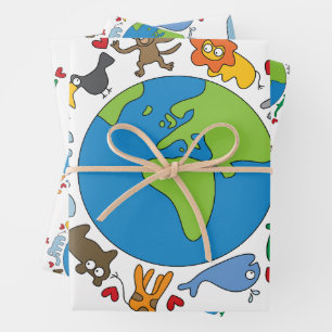 Frieden und Liebe Niedliche Cartoon Tiere der Welt Geschenkpapier Set