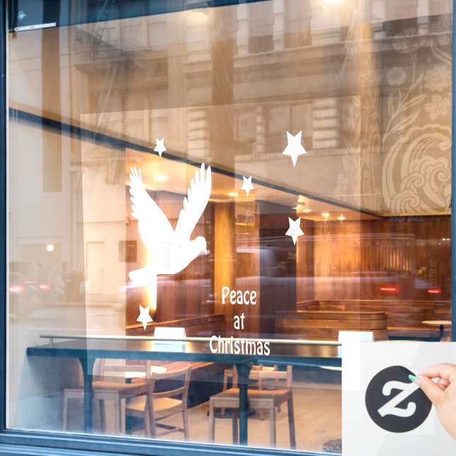 Frieden zu Weihnachten mit Taube im Flug Weißes Lo Fensteraufkleber (Café-Fenster)