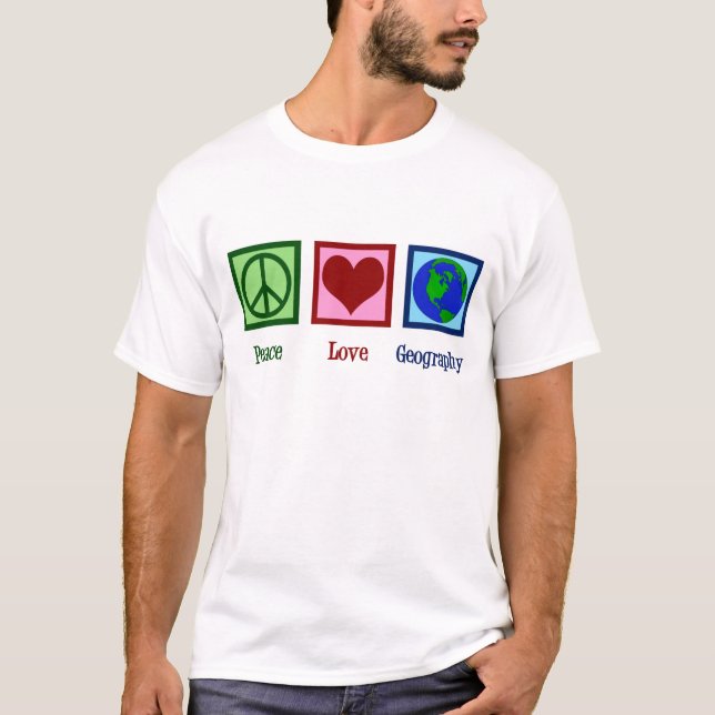 Friedens-Liebe Geografie-Lehrer Weltkarte T-Shirt (Vorderseite)